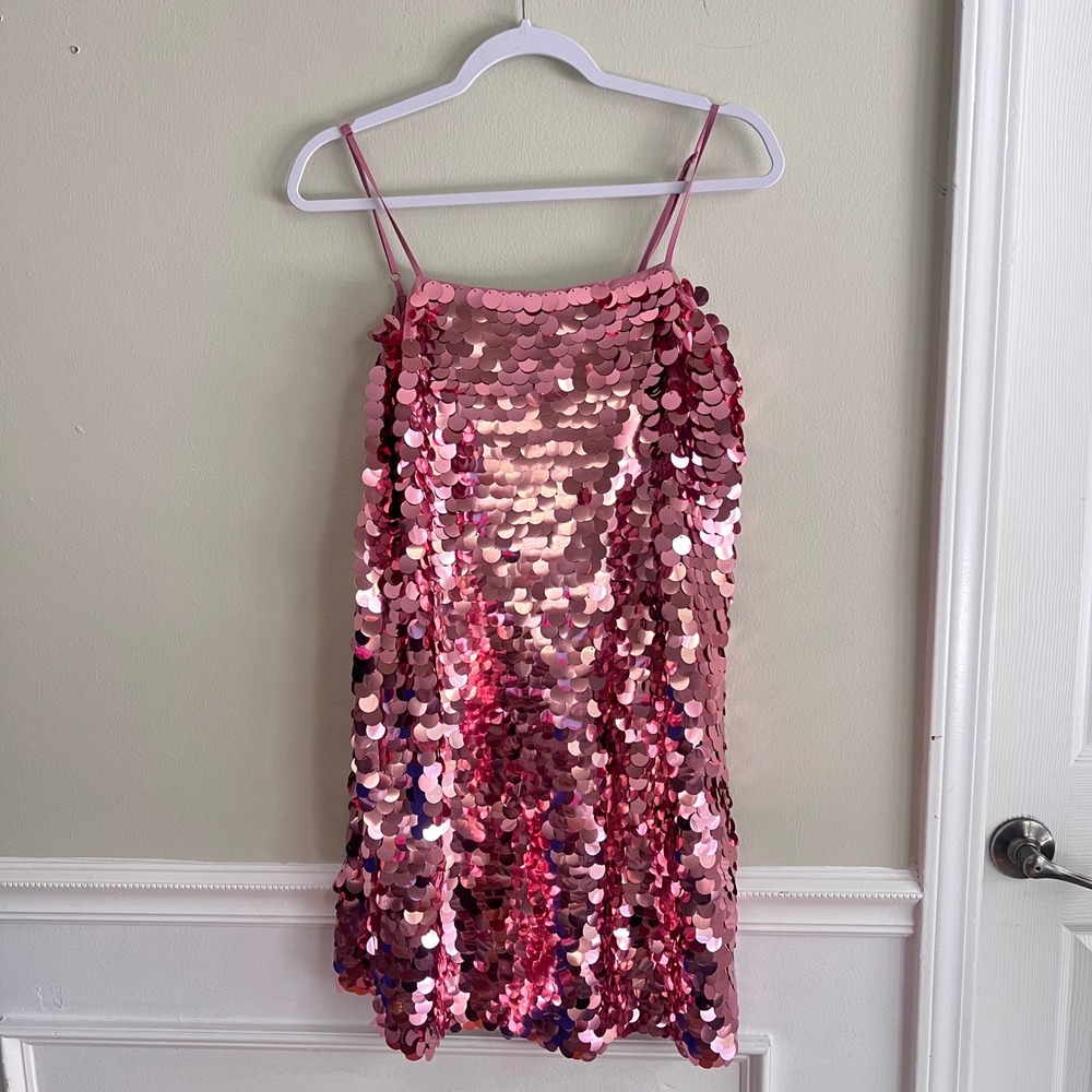 Sequin Mini Dress Womens M Large Disc Paillette Pink Disco Party Glam - Picture 5 of 9
